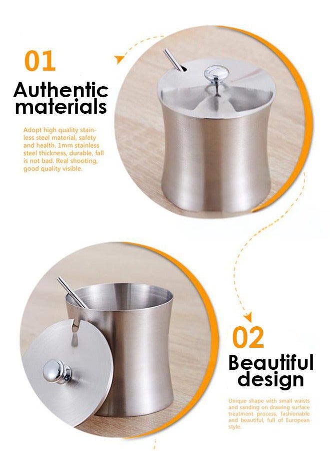 Loquat Stainless Steel Sugar Bowl, with Lid and Spoon, Silver, Round, Geometric Pattern, Durable, Rust Resistant, Dishwasher Safe, Home and Kitchen Storage - Image 5