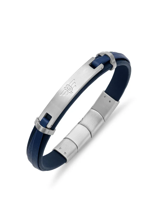بوليس POLICE Looper Bracelet - Dual Layer Deep Blue Leather with Iconic Logo Plaque & Stainless Steel Clip Closure - Men's Fearless Urban  Style