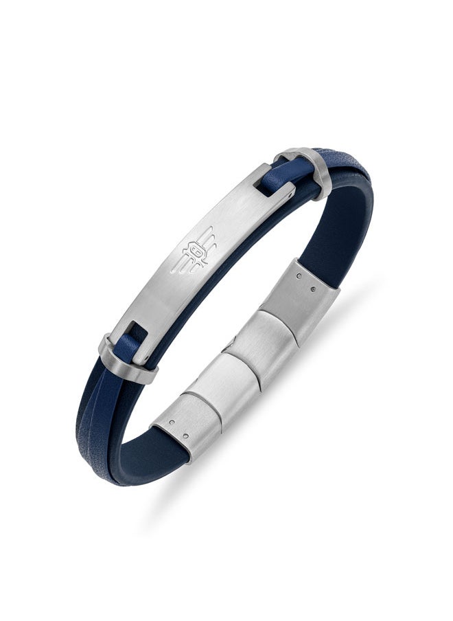 بوليس POLICE Looper Bracelet - Dual Layer Deep Blue Leather with Iconic Logo Plaque & Stainless Steel Clip Closure - Men's Fearless Urban  Style  - Image 1