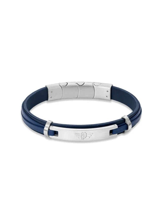 بوليس POLICE Looper Bracelet - Dual Layer Deep Blue Leather with Iconic Logo Plaque & Stainless Steel Clip Closure - Men's Fearless Urban  Style