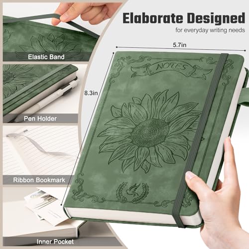 Ovesmusl Sunflower Journal for Girls Women Journals for Writing 100GSM College Ruled A5 Leather Notebook for Girls Ages 8-12 Flower Diary with Heart-Shaped Shadow, 5.7" x 8.3", Green - Image 3
