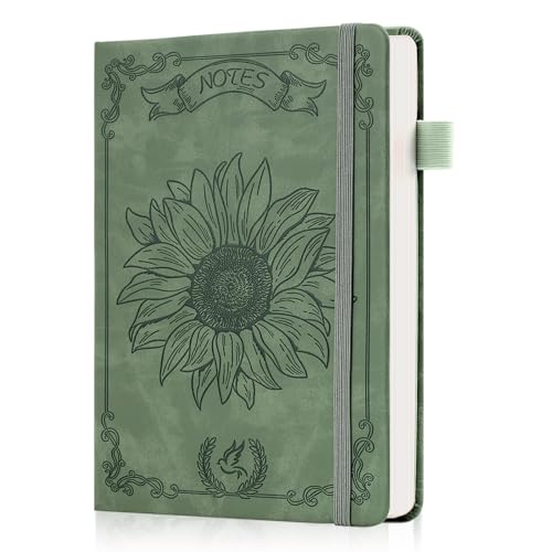 Ovesmusl Sunflower Journal for Girls Women Journals for Writing 100GSM College Ruled A5 Leather Notebook for Girls Ages 8-12 Flower Diary with Heart-Shaped Shadow, 5.7" x 8.3", Green - Image 1