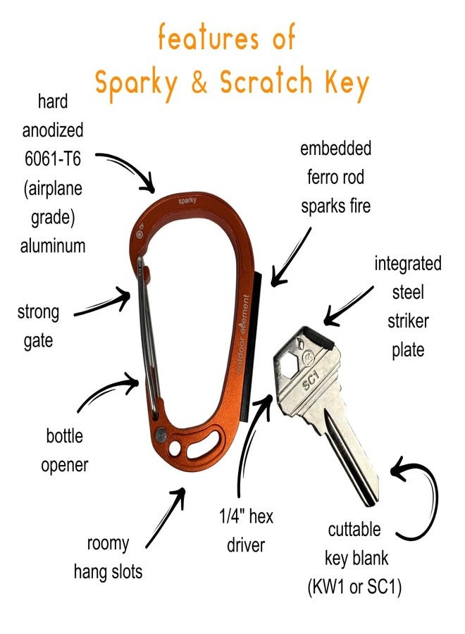 Outdoor Element - Sparky & Scratch Key - Fire Starting Carabiner with Embedded Ferro Rod and Blank Key with Integrated Striker and Hex Driver - Blank Keys Available in SC1 or KW1. (Silver SC1) - Image 2