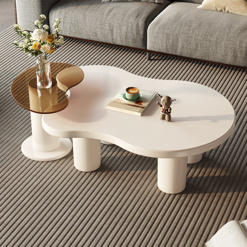 مجموعة طاولة القهوة المكونة من قطعتين ، طاولة حافة الزجاج المقوى على شكل غير منتظم وطاولة القهوة ، مجموعة طاولة القهوة الحديثة البيضاء الحليبية 2 في 1 ، طاولات نهاية غرفة المعيشة وغرفة النوم ، مساحة صغيرة ، سهلة التجميع - Image 3