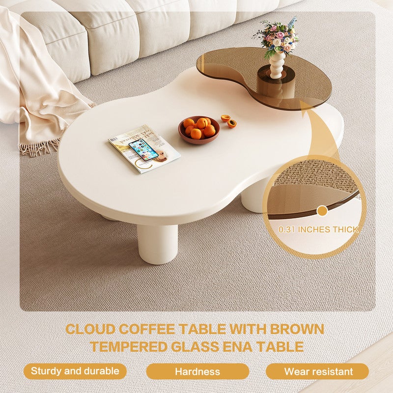 مجموعة طاولة القهوة المكونة من قطعتين ، طاولة حافة الزجاج المقوى على شكل غير منتظم وطاولة القهوة ، مجموعة طاولة القهوة الحديثة البيضاء الحليبية 2 في 1 ، طاولات نهاية غرفة المعيشة وغرفة النوم ، مساحة صغيرة ، سهلة التجميع - Image 5