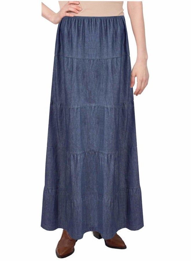 BABY O Women's Ankle Length Tiered Long Denim Prairie Skirt, Stonewash, S - Image 3