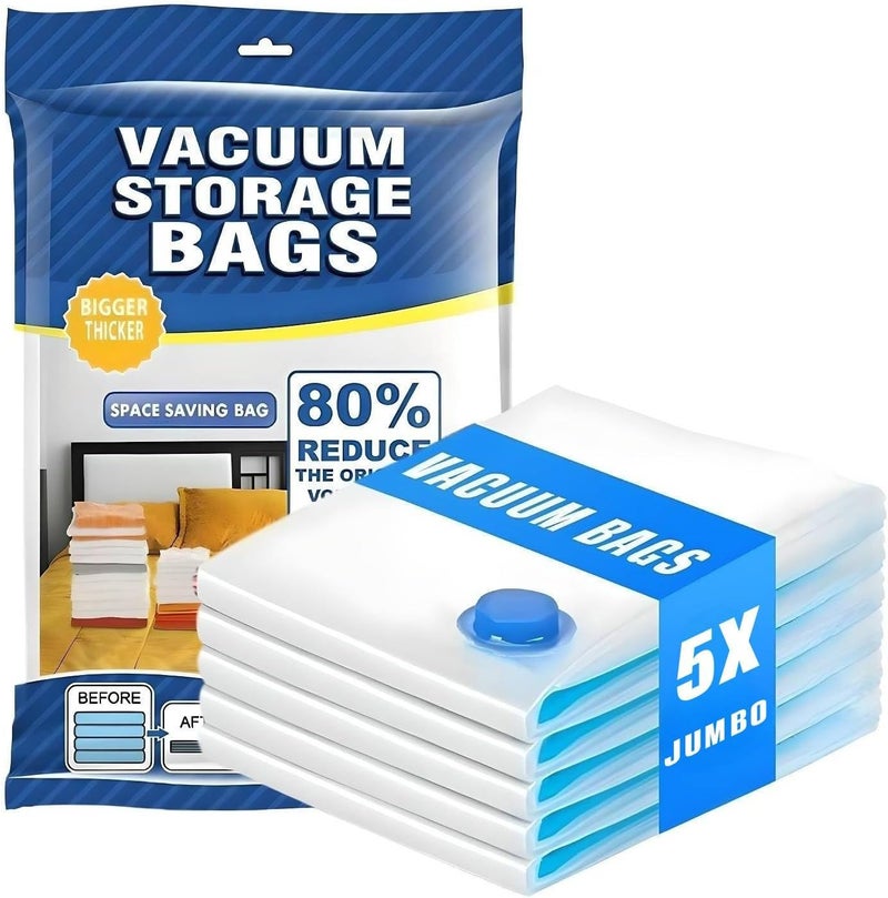Dxmocos 5 عبوة من أكياس التخزين بالفراغ للسفر – أكياس ضاغطة لتوفير مساحة أثناء السفر، أكياس قابلة لإعادة الاستخدام مع ختم، منظم للملابس مقاوم للماء للاستخدام أثناء السفر وفي المنزل (حجم جامبو) - Image 1