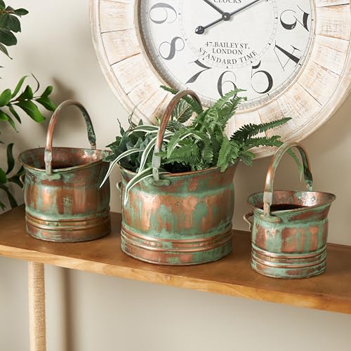 Deco 79 Metal Indoor Outdoor Planter Patina Tulip Style Bucket Small Planter Pot with Stationary Handles, Set of 3 Planters 13", 11", 9"W, Copper - Image 3