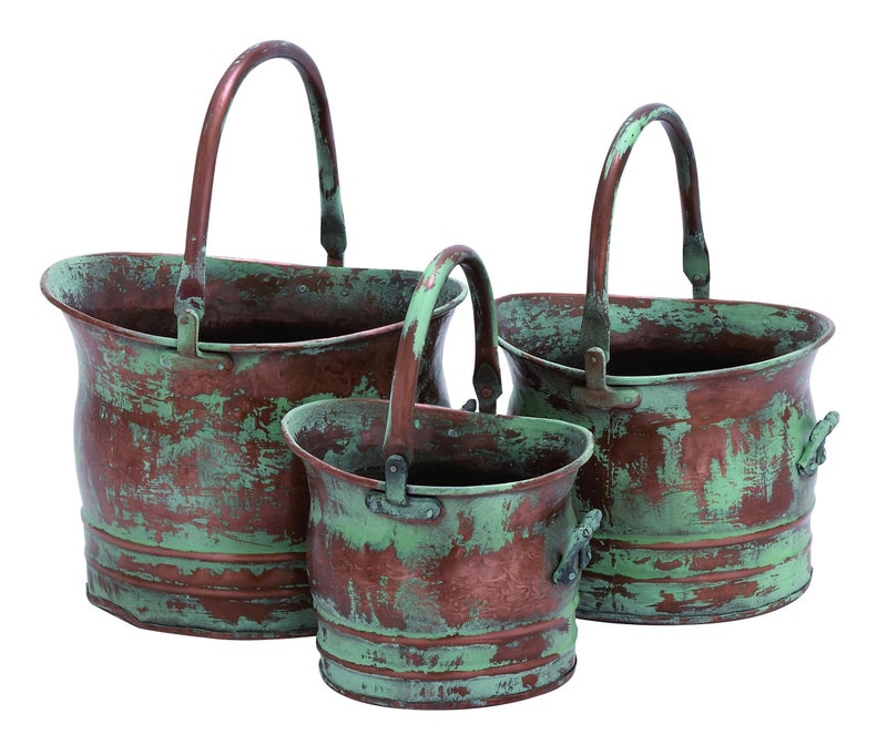 Deco 79 Metal Indoor Outdoor Planter Patina Tulip Style Bucket Small Planter Pot with Stationary Handles, Set of 3 Planters 13", 11", 9"W, Copper - Image 1