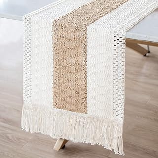 OurWarm Macrame Table Runner Farmhouse Style, Burlap Table Runner Splicing Cotton Boho Table Runner with Tassels for - Image 1