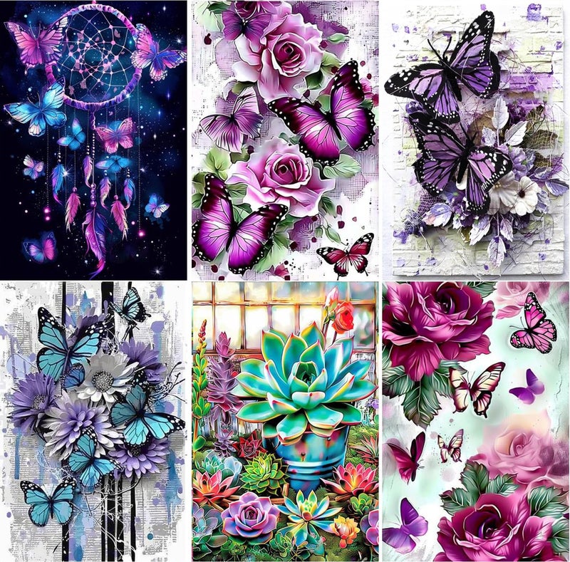 EWJRNSF 6 Pack 5D Diamond Painting Kits for Adults Beginners, Diamond Arts Kits Diamond Art Sets,Gem Painting Arts & Crafts Home Wall Decoration 11.8x15.7 Inches Butterfly - Image 1