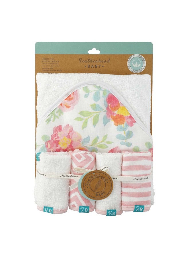 Featherhead™ 5-Piece 100% Cotton Muslin Hooded Bath Towel & Washcloths Set for Baby Girl - Ultra Soft and Extra Absorbent - Newborn Essential & Perfect Baby Registry Gift (Garden Floral) - Image 2