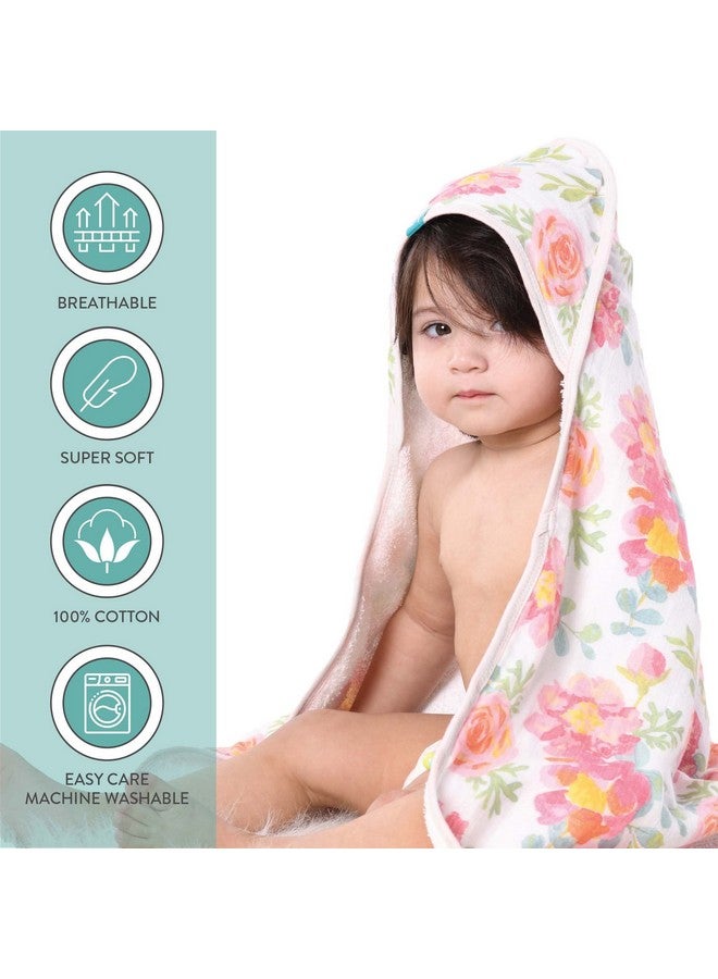 Featherhead™ 5-Piece 100% Cotton Muslin Hooded Bath Towel & Washcloths Set for Baby Girl - Ultra Soft and Extra Absorbent - Newborn Essential & Perfect Baby Registry Gift (Garden Floral) - Image 5