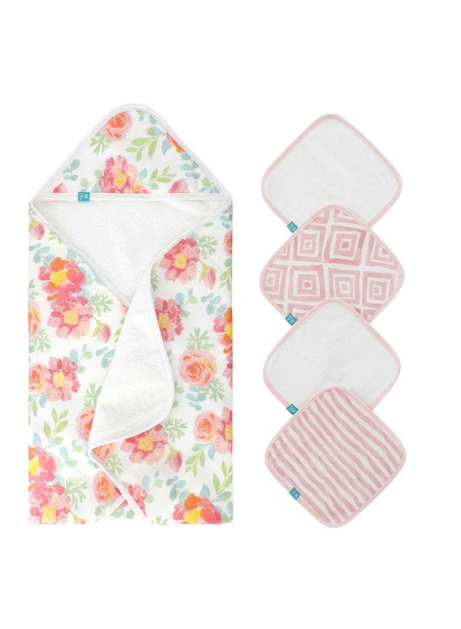 Featherhead™ 5-Piece 100% Cotton Muslin Hooded Bath Towel & Washcloths Set for Baby Girl - Ultra Soft and Extra Absorbent - Newborn Essential & Perfect Baby Registry Gift (Garden Floral) - Image 1