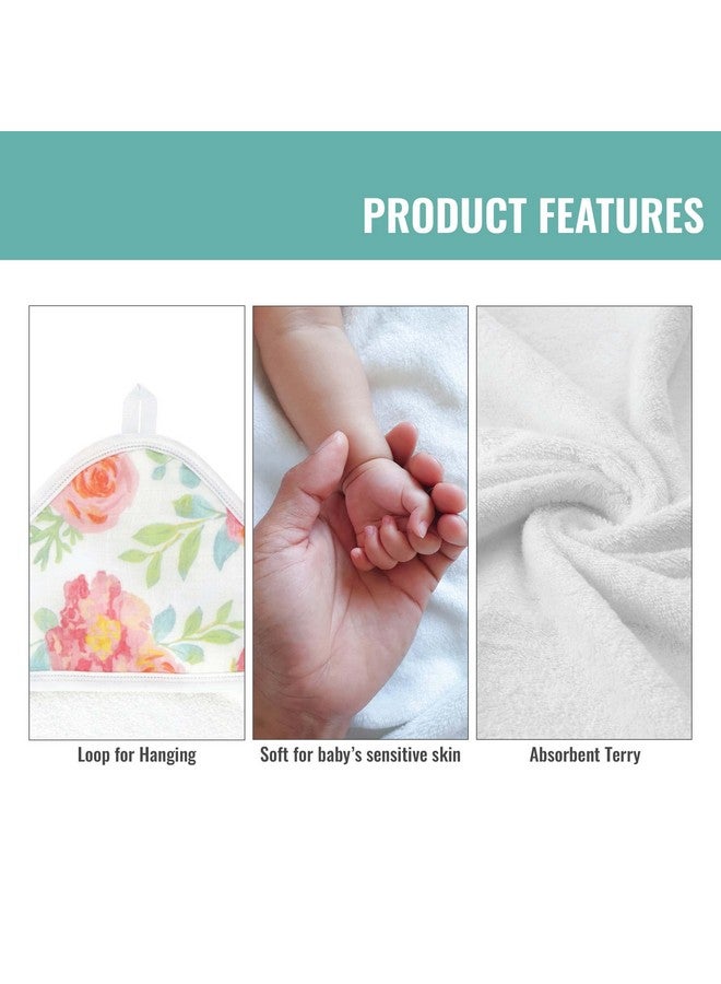 Featherhead™ 5-Piece 100% Cotton Muslin Hooded Bath Towel & Washcloths Set for Baby Girl - Ultra Soft and Extra Absorbent - Newborn Essential & Perfect Baby Registry Gift (Garden Floral) - Image 3