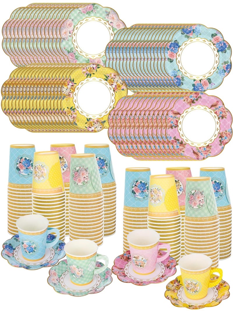 Glazeal 128pcs Floral Paper Tea Cups with Handle & Saucers Set, 64 Sets Disposable Tea Cup Saucer Set for Cold & Hot Drinks Serves 64 for Tea Party Wedding Baby Shower Party Supplies - Image 1