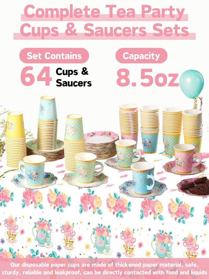 Glazeal 128pcs Floral Paper Tea Cups with Handle & Saucers Set, 64 Sets Disposable Tea Cup Saucer Set for Cold & Hot Drinks Serves 64 for Tea Party Wedding Baby Shower Party Supplies - Image 2