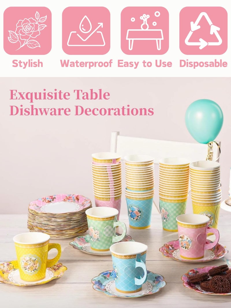 Glazeal 128pcs Floral Paper Tea Cups with Handle & Saucers Set, 64 Sets Disposable Tea Cup Saucer Set for Cold & Hot Drinks Serves 64 for Tea Party Wedding Baby Shower Party Supplies - Image 5
