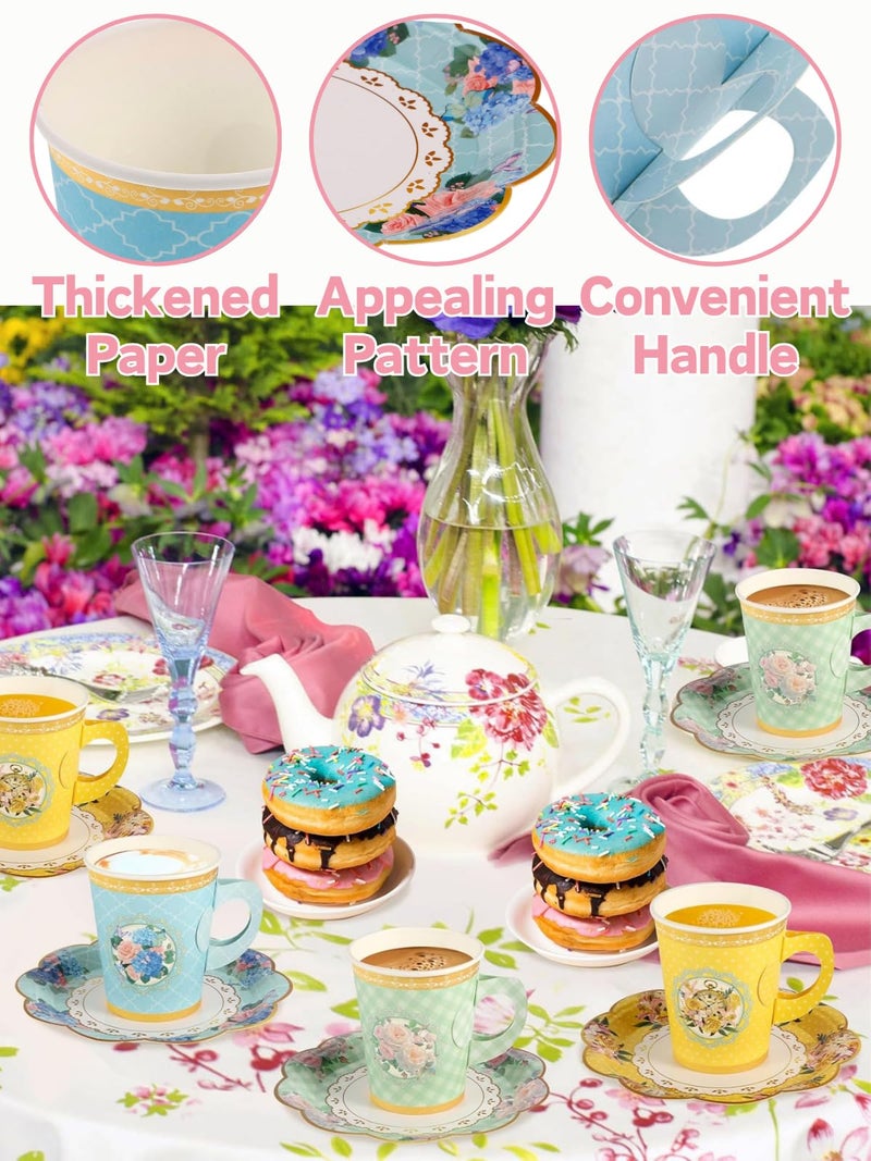 Glazeal 128pcs Floral Paper Tea Cups with Handle & Saucers Set, 64 Sets Disposable Tea Cup Saucer Set for Cold & Hot Drinks Serves 64 for Tea Party Wedding Baby Shower Party Supplies - Image 4