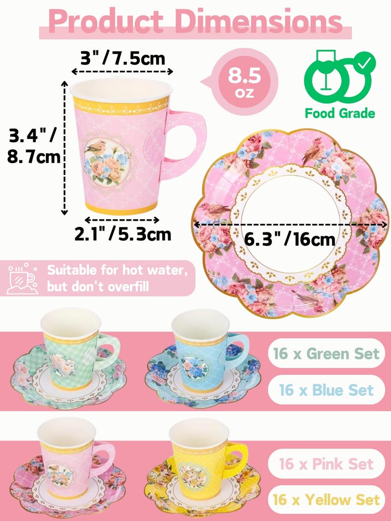 Glazeal 128pcs Floral Paper Tea Cups with Handle & Saucers Set, 64 Sets Disposable Tea Cup Saucer Set for Cold & Hot Drinks Serves 64 for Tea Party Wedding Baby Shower Party Supplies - Image 3