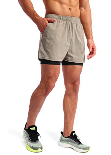 Pudolla Men’s 2 in 1 Running Shorts 5" Quick Dry Gym Athletic Workout Shorts for Men with Phone Pockets(Khaki Small) - Image 3