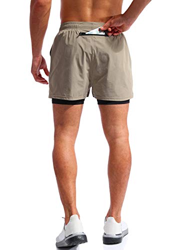Pudolla Men’s 2 in 1 Running Shorts 5" Quick Dry Gym Athletic Workout Shorts for Men with Phone Pockets(Khaki Small) - Image 4