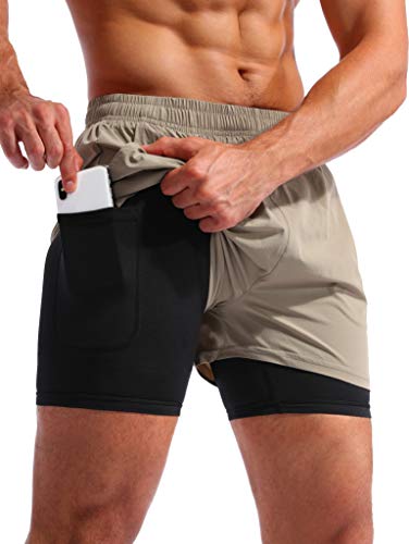 Pudolla Men’s 2 in 1 Running Shorts 5" Quick Dry Gym Athletic Workout Shorts for Men with Phone Pockets(Khaki Small) - Image 1