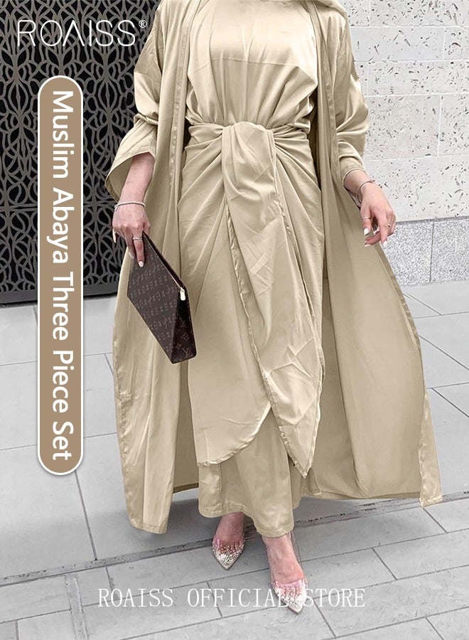 roaiss 3 Pcs of Women's Clothes Set Solid Color Abaya for Women Ramadan Eid al-Adha Gift for Laides Wife Mother Cardigan Robe and Satin Dress and Waist Scarf  - Image 1