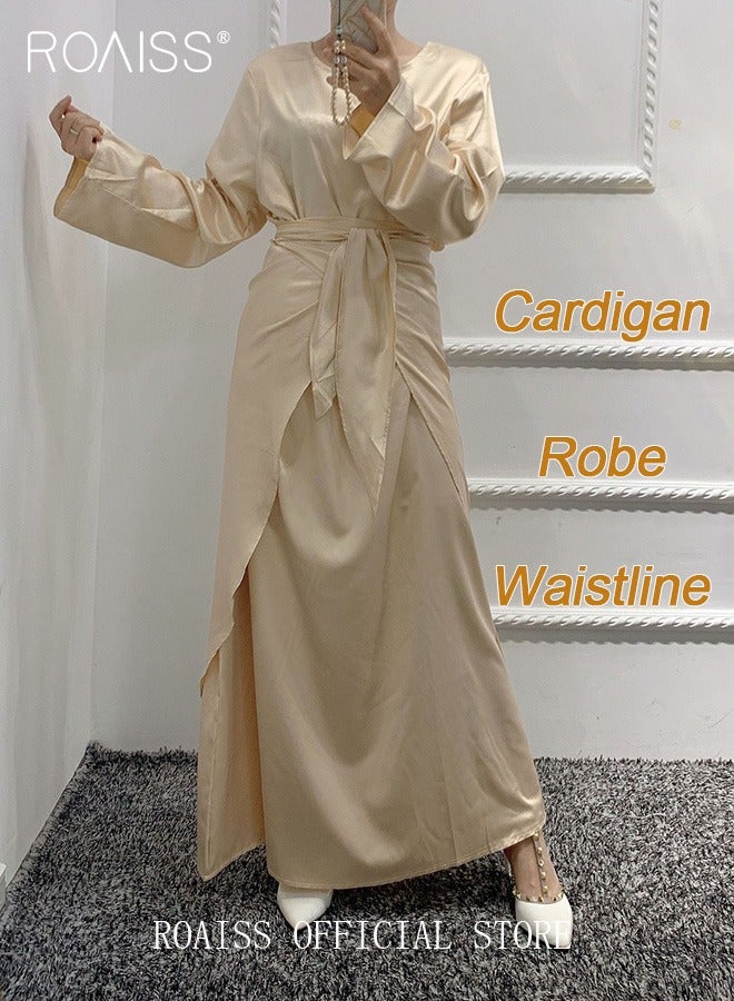 roaiss 3 Pcs of Women's Clothes Set Solid Color Abaya for Women Ramadan Eid al-Adha Gift for Laides Wife Mother Cardigan Robe and Satin Dress and Waist Scarf  - Image 2