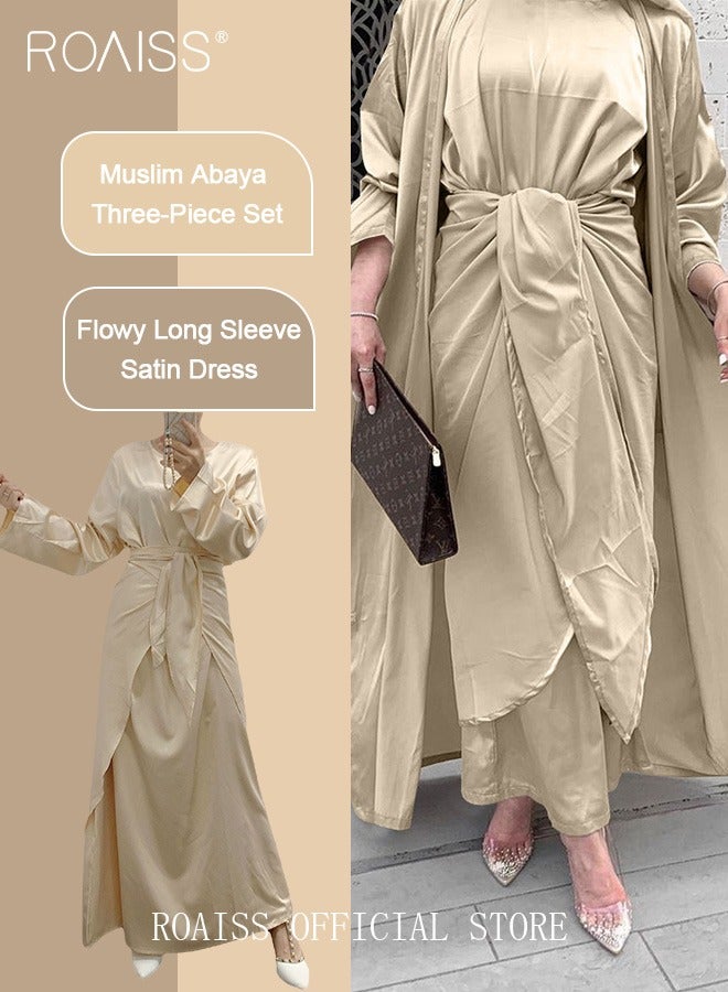 roaiss 3 Pcs of Women's Clothes Set Solid Color Abaya for Women Ramadan Eid al-Adha Gift for Laides Wife Mother Cardigan Robe and Satin Dress and Waist Scarf  - Image 3