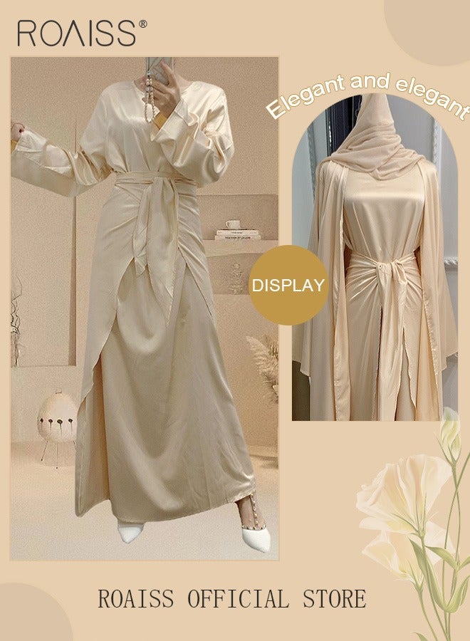 roaiss 3 Pcs of Women's Clothes Set Solid Color Abaya for Women Ramadan Eid al-Adha Gift for Laides Wife Mother Cardigan Robe and Satin Dress and Waist Scarf  - Image 4