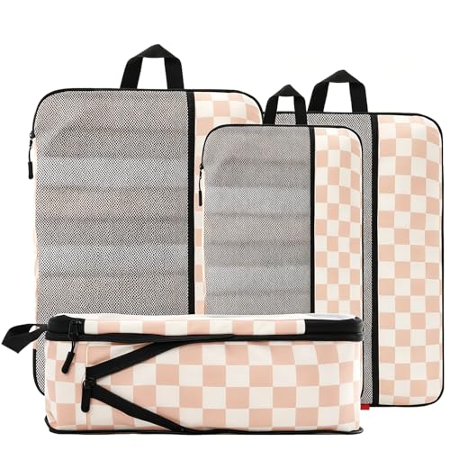 U+U 4 Set Compression Packing Cubes - Ultralight Travel Organizers, Space-Saving Suitcase Organizer, Expandable Packing Cubes for Travel, Business Trip and Family Vacation (Khaki Checkered) - Image 1