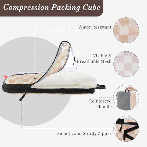 U+U 4 Set Compression Packing Cubes - Ultralight Travel Organizers, Space-Saving Suitcase Organizer, Expandable Packing Cubes for Travel, Business Trip and Family Vacation (Khaki Checkered) - Image 2