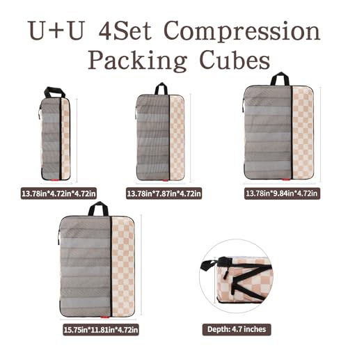 U+U 4 Set Compression Packing Cubes - Ultralight Travel Organizers, Space-Saving Suitcase Organizer, Expandable Packing Cubes for Travel, Business Trip and Family Vacation (Khaki Checkered) - Image 5