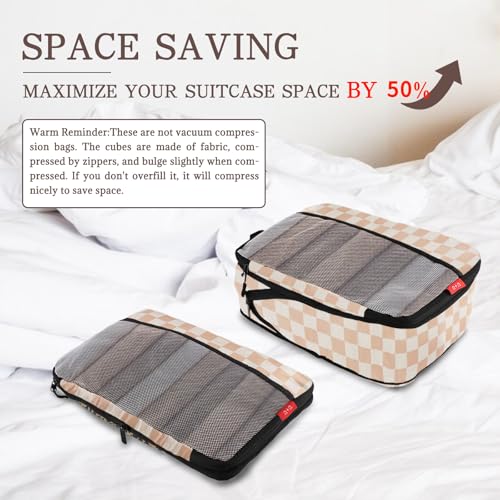 U+U 4 Set Compression Packing Cubes - Ultralight Travel Organizers, Space-Saving Suitcase Organizer, Expandable Packing Cubes for Travel, Business Trip and Family Vacation (Khaki Checkered) - Image 3