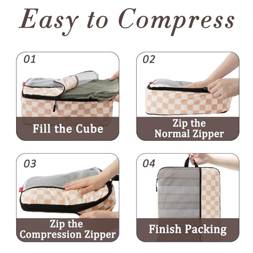 U+U 4 Set Compression Packing Cubes - Ultralight Travel Organizers, Space-Saving Suitcase Organizer, Expandable Packing Cubes for Travel, Business Trip and Family Vacation (Khaki Checkered) - Image 4