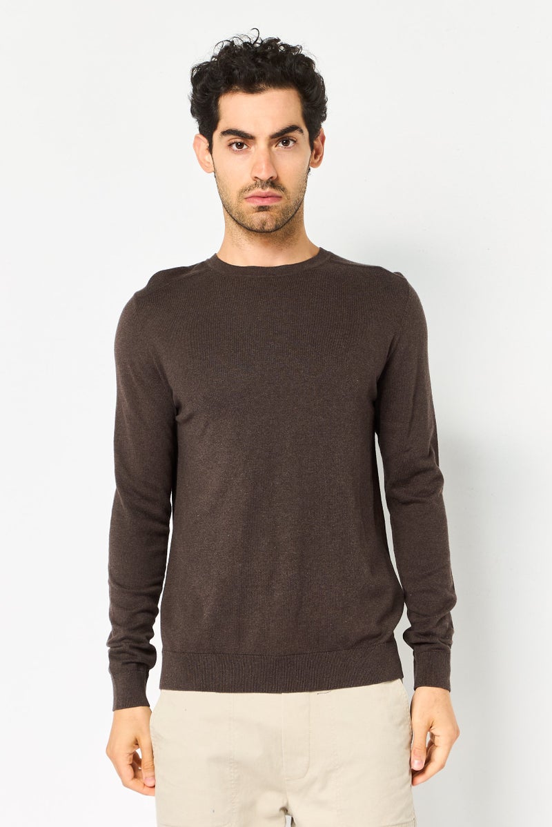 Selected Homme Men Crew Neck Long Sleeve Knitted Sweater, Dark Brown - Image 1