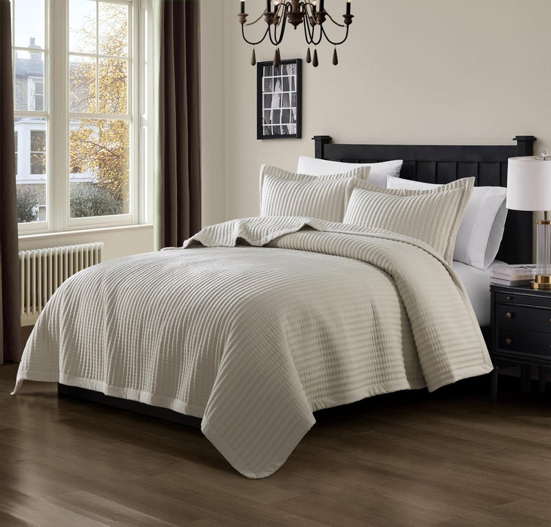 WDCOZY Beige King Size Quilt Set, Striped Pick Stitch Lightweight Bedspread, Soft Channel Farmhouse Rustic Coverlet, Spring Summer Thin Comforter, Country Bedding, 104x90 inches - Image 2