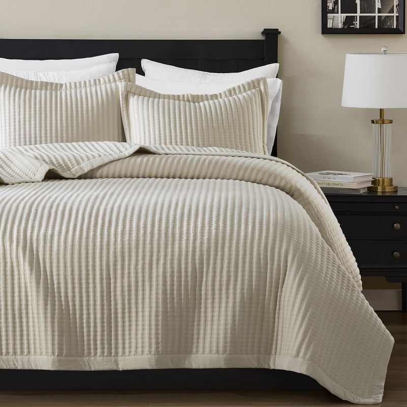 WDCOZY Beige King Size Quilt Set, Striped Pick Stitch Lightweight Bedspread, Soft Channel Farmhouse Rustic Coverlet, Spring Summer Thin Comforter, Country Bedding, 104x90 inches - Image 1