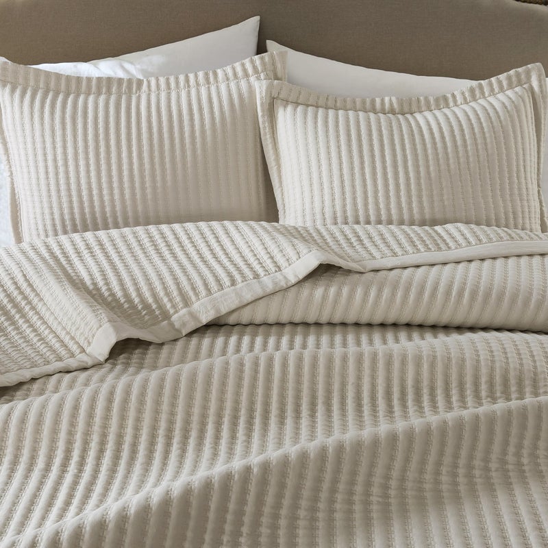 WDCOZY Beige King Size Quilt Set, Striped Pick Stitch Lightweight Bedspread, Soft Channel Farmhouse Rustic Coverlet, Spring Summer Thin Comforter, Country Bedding, 104x90 inches - Image 4