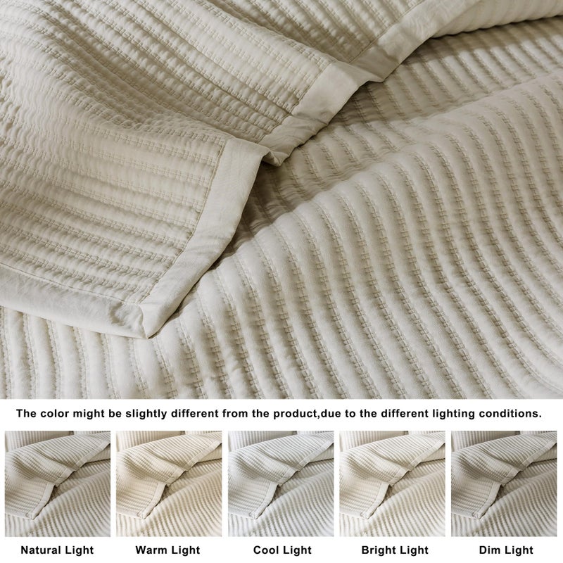 WDCOZY Beige King Size Quilt Set, Striped Pick Stitch Lightweight Bedspread, Soft Channel Farmhouse Rustic Coverlet, Spring Summer Thin Comforter, Country Bedding, 104x90 inches - Image 5