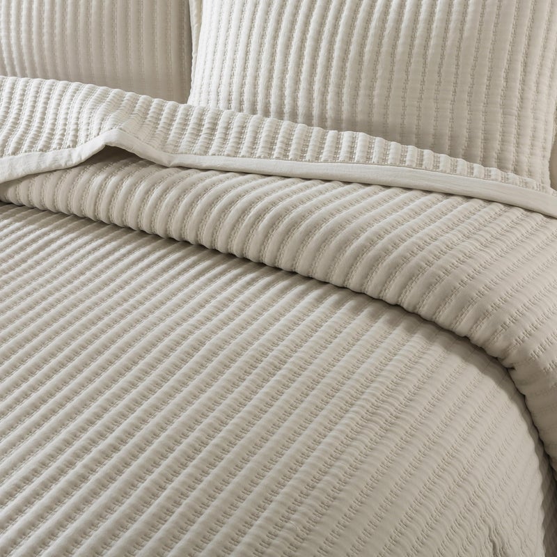 WDCOZY Beige King Size Quilt Set, Striped Pick Stitch Lightweight Bedspread, Soft Channel Farmhouse Rustic Coverlet, Spring Summer Thin Comforter, Country Bedding, 104x90 inches - Image 3