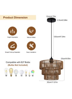 Ganeed Farmhouse Rattan Pendant Light Fixture Vintage Boho Hand-Woven Bamboo Pendant Lighting Retro 30cm Mini 3-Tier Drum Wicker Brown Pendant Light for Kitchen Island, Dining Room, Bedroom  - Image 3