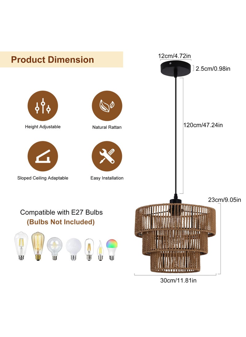 Ganeed Farmhouse Rattan Pendant Light Fixture Vintage Boho Hand-Woven Bamboo Pendant Lighting Retro 30cm Mini 3-Tier Drum Wicker Brown Pendant Light for Kitchen Island, Dining Room, Bedroom  - Image 3