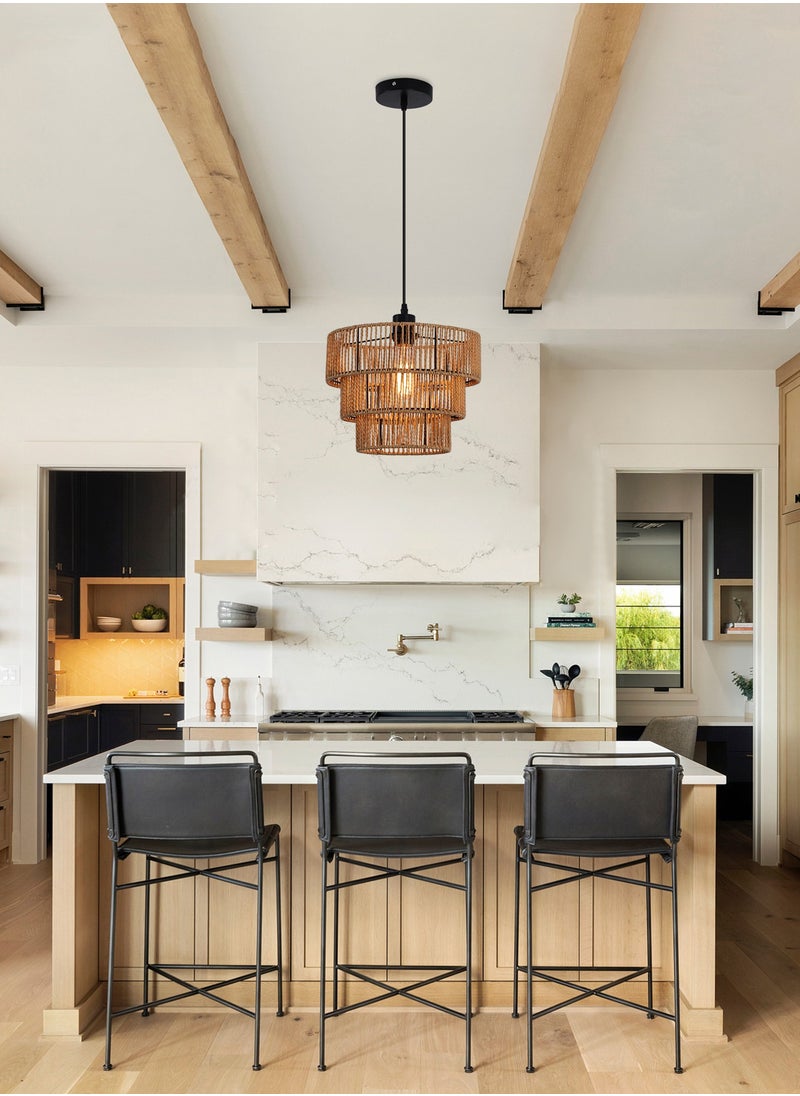 Ganeed - Farmhouse Rattan Pendant Light Fixture Vintage Boho Hand-Woven Bamboo Pendant Lighting Retro 30cm Mini 3-Tier Drum Wicker Brown Pendant Light for Kitchen Island, Dining Room, Bedroom - Image 1