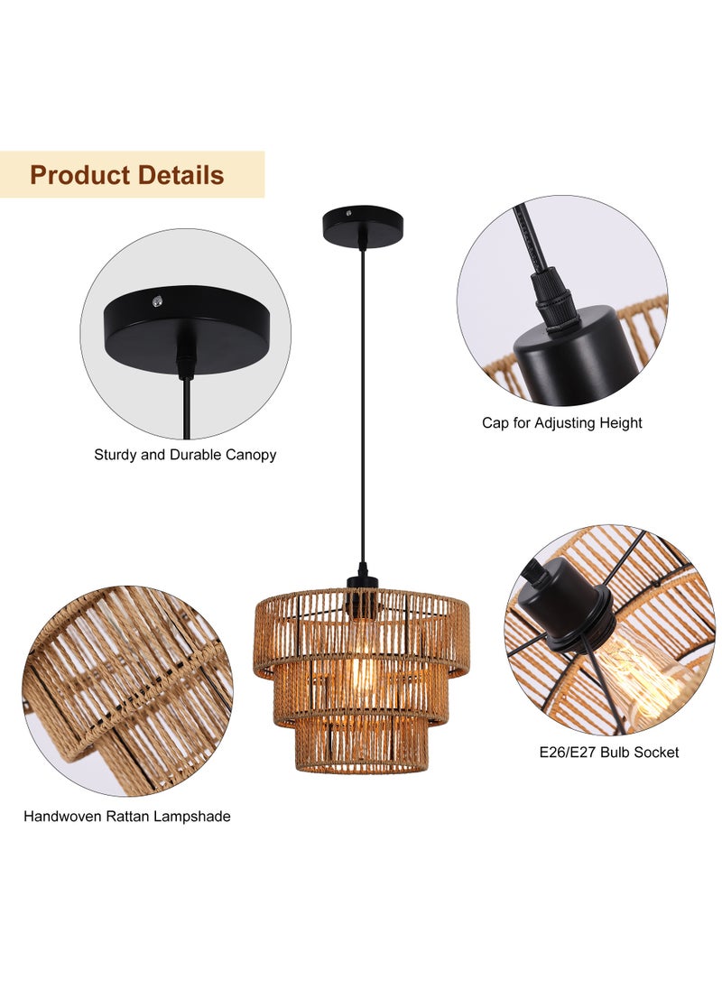 Ganeed - Farmhouse Rattan Pendant Light Fixture Vintage Boho Hand-Woven Bamboo Pendant Lighting Retro 30cm Mini 3-Tier Drum Wicker Brown Pendant Light for Kitchen Island, Dining Room, Bedroom - Image 1