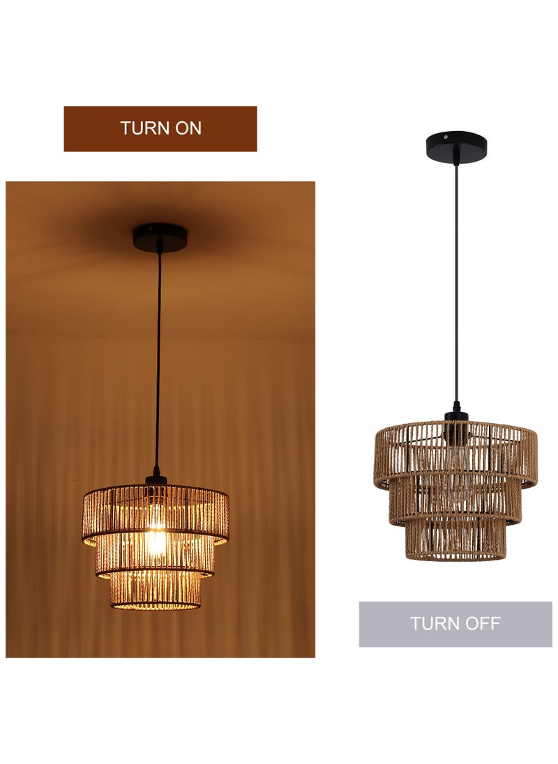 Ganeed Farmhouse Rattan Pendant Light Fixture Vintage Boho Hand-Woven Bamboo Pendant Lighting Retro 30cm Mini 3-Tier Drum Wicker Brown Pendant Light for Kitchen Island, Dining Room, Bedroom  - Image 4