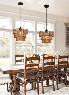 Ganeed Farmhouse Rattan Pendant Light Fixture Vintage Boho Hand-Woven Bamboo Pendant Lighting Retro 30cm Mini 3-Tier Drum Wicker Brown Pendant Light for Kitchen Island, Dining Room, Bedroom  - Image 2