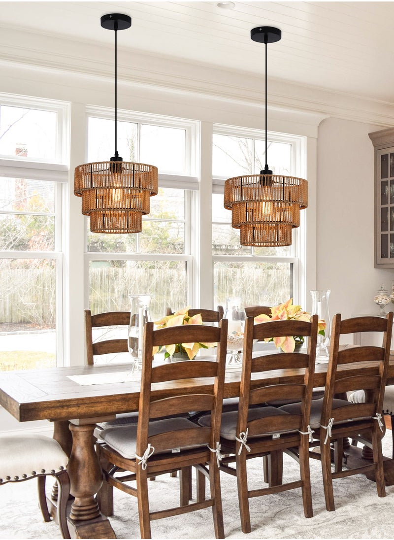 Ganeed Farmhouse Rattan Pendant Light Fixture Vintage Boho Hand-Woven Bamboo Pendant Lighting Retro 30cm Mini 3-Tier Drum Wicker Brown Pendant Light for Kitchen Island, Dining Room, Bedroom  - Image 2