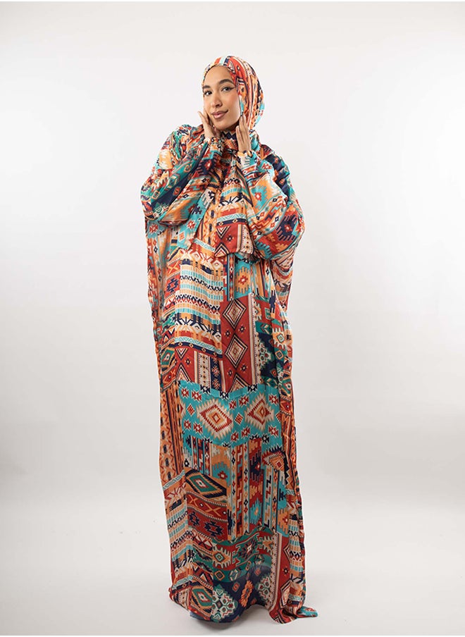 Tie Shop Tie Shop - Printed Satin Isdal - Orange & Turquoise For Women 